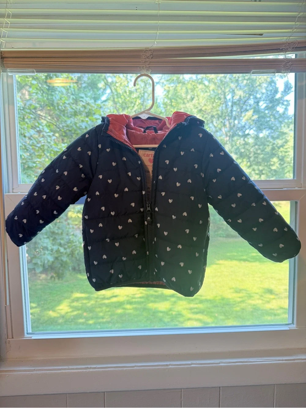 Carter's Navy Puffer Jacket with White Heart Print and Coral Lining